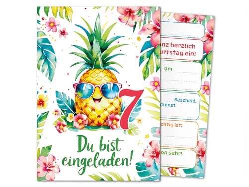 Junaversum 12 Einladungskarten zum 7. Kindergeburtstag Mädchen Ananas Kinder Sommer coole bunte Einladungen siebte Geburtstag Geburtstagseinladungen Kids von Junaversum