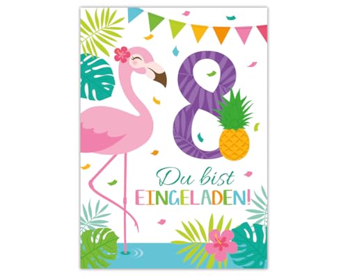 Junaversum 12 Einladungskarten zum 8. Geburtstag Kinder achte Kindergeburtstag Mädchen Flamingo von Junaversum