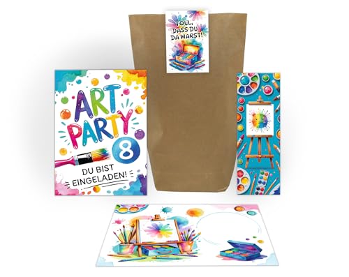 Junaversum 12 Einladungskarten zum 8. Kindergeburtstag Art Kreativ Malparty Kunst DIY Mädchen Kinder Einladungen achte Geburtstag inkl. 12 Umschläge, 12 Tüten, 12 Aufkleber, 12 Lesezeichen von Junaversum