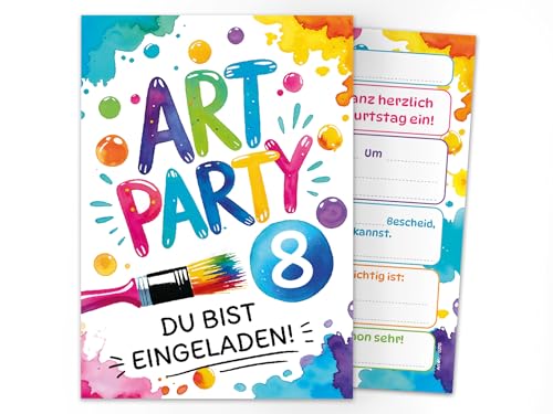 Junaversum 12 Einladungskarten zum 8. Kindergeburtstag Art Kreativ-Party Malparty Kunst Basteln DIY Künstlerparty Mädchen Kinder Einladungen achte Geburtstag Geburtstagseinladungen Kids von Junaversum