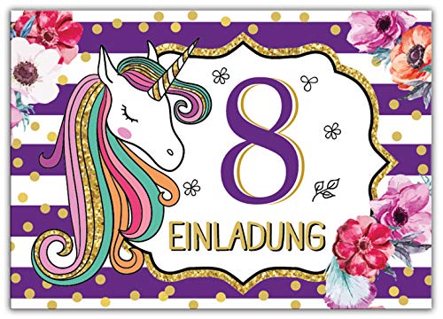 Junaversum 12 Einladungskarten zum 8. Kindergeburtstag Mädchen Einhorn Unicorn Einladungen zum achten Geburtstag achte von Junaversum