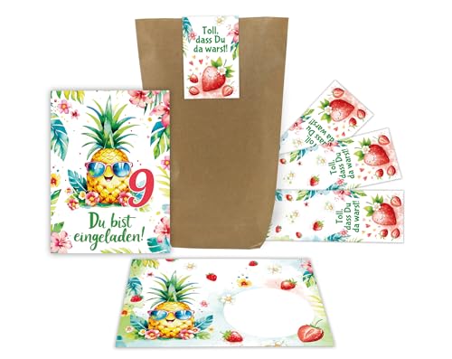 Junaversum 12 Einladungskarten zum 9. Kindergeburtstag Mädchen Ananas Kinder Sommer coole bunte Einladungen neunte Geburtstag Geburtstagseinladungen Kids inkl. 12 Umschläge, 12 Tüten, 12 Aufkleber von Junaversum