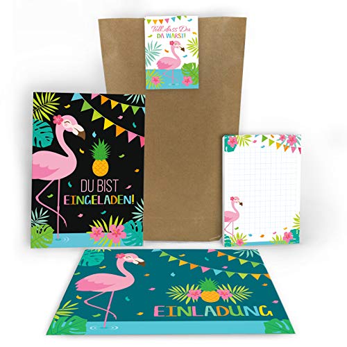 Junaversum 12 Einladungskarten zum Kindergeburtstag Mädchen Flamingo Einladungen Geburtstag Kinder incl. 12 Umschläge, 12 Tüten, 12 Aufkleber, 12 Blöcke von Junaversum