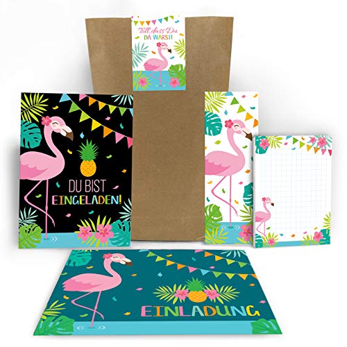 Junaversum 12 Einladungskarten zum Kindergeburtstag Mädchen Flamingo Einladungen Geburtstag Kinder incl. 12 Umschläge, 12 Tüten / Natur, 12 Aufkleber, 12 Lesezeichen, 12 Notizblöcke von Junaversum