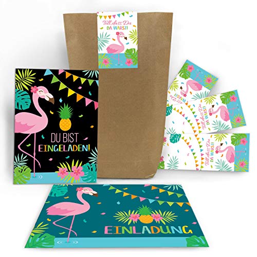 Junaversum 12 Einladungskarten zum Kindergeburtstag Mädchen Flamingo Einladungen Geburtstag Kinder incl. 12 Umschläge, 12 Tüten / Natur, 12 Aufkleber von Junaversum