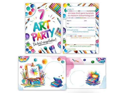 Junaversum 6 Einladungskarten inkl. 6 Umschläge zum 7. Kindergeburtstag Art Kreativ-Party Malparty Kunst Basteln DIY Künstlerparty Kinder Mädchen Einladungen siebte Geburtstag Kids von Junaversum