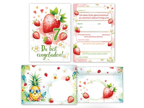 Junaversum 6 Einladungskarten inkl. 6 Umschläge zum 7. Kindergeburtstag Mädchen Kinder Erdbeeren coole bunte Einladungen siebte Geburtstag Geburtstagseinladungen Kids von Junaversum
