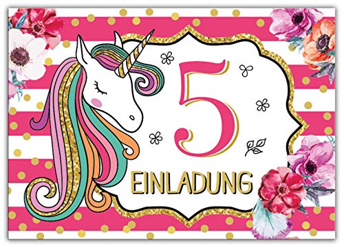 Junaversum 6 Einladungskarten zum 5. Kindergeburtstag Mädchen Einhorn Unicorn Einladungen zum fünften Geburtstag fünfte von Junaversum