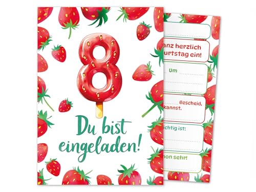 Junaversum 6 Einladungskarten zum 8. Kindergeburtstag Mädchen Erdbeeren Kinder Sommer coole bunte Einladungen achte Geburtstag Geburtstagseinladungen Kids von Junaversum