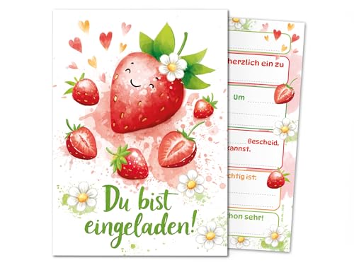 Junaversum 6 Einladungskarten zum Kindergeburtstag Mädchen Kinder Erdbeeren coole bunte Einladungen Geburtstag Geburtstagseinladungen Kids von Junaversum