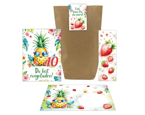 Junaversum 8 Einladungskarten zum 10. Kindergeburtstag Mädchen Ananas Kinder Sommer coole Einladungen zehnte Geburtstag Geburtstagseinladungen inkl. 8 Umschläge, 8 Tüten, 8 Aufkleber, 8 Lesezeichen von Junaversum