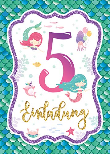 Junaversum 8 Einladungskarten zum 5. Kindergeburtstag Mädchen Meerjungfrau Einladungen fünfte Geburtstag von Junaversum