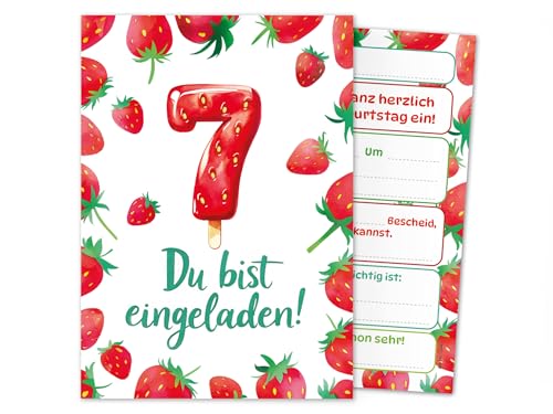 Junaversum 8 Einladungskarten zum 7. Kindergeburtstag Mädchen Erdbeeren Kinder Sommer coole bunte Einladungen siebte Geburtstag Geburtstagseinladungen Kids von Junaversum