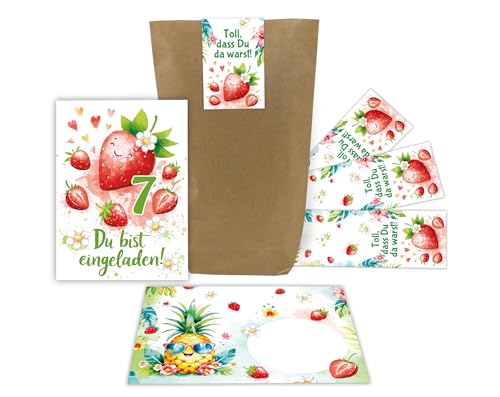 Junaversum 8 Einladungskarten zum 7. Kindergeburtstag Mädchen Kinder Erdbeeren coole bunte Einladungen siebte Geburtstag Geburtstagseinladungen Kids inkl. 8 Umschläge, 8 Tüten, 8 Aufkleber von Junaversum