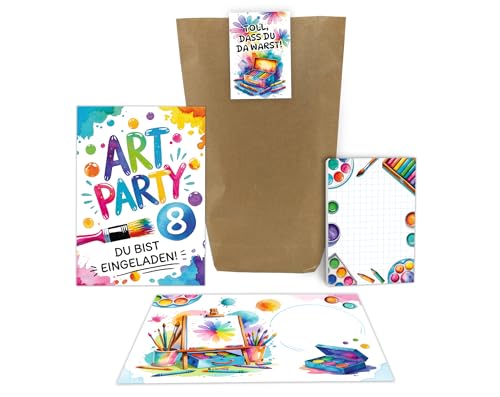 Junaversum 8 Einladungskarten zum 8. Kindergeburtstag Art Kreativ Malparty Kunst DIY Mädchen Kinder Einladungen achte Geburtstag Kids inkl. 8 Umschläge, 8 Tüten, 8 Aufkleber, 8 Blöcke von Junaversum