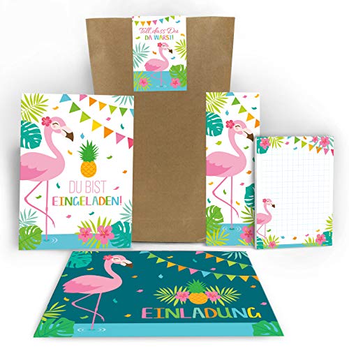 Junaversum 8 Einladungskarten zum Kindergeburtstag Mädchen Flamingo Einladungen Geburtstag Kinder Mädchengeburtstag incl. 8 Umschläge, 8 Tüten, 8 Aufkleber, 8 Lesezeichen, 8 Blöcke von Junaversum
