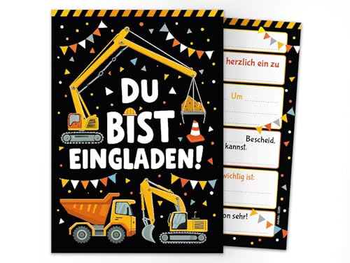 8 Einladungskarten zum Kindergeburtstag Jungen Bagger Baustelle Kinder coole bunte Einladungen Geburtstag Geburtstagseinladungen Kids von Junaversum