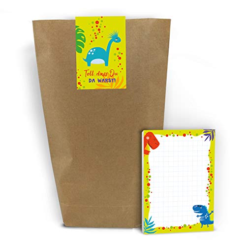 Junaversum 8 Mini-Notizblöcke + 8 Geschenktüten + 8 Aufkleber Dino Dinosaurier Mitgebsel Gastgeschenk beim Geburtstag Kindergeburtstag von Junaversum