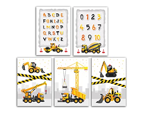 Poster-Set für Kinderzimmer Baustelle mit Zahlen und Buchstaben ABC für Jungen Deko für Jungszimmer Wandbilder Lernposter A4 ohne Rahmen (5-er Set) von Junaversum