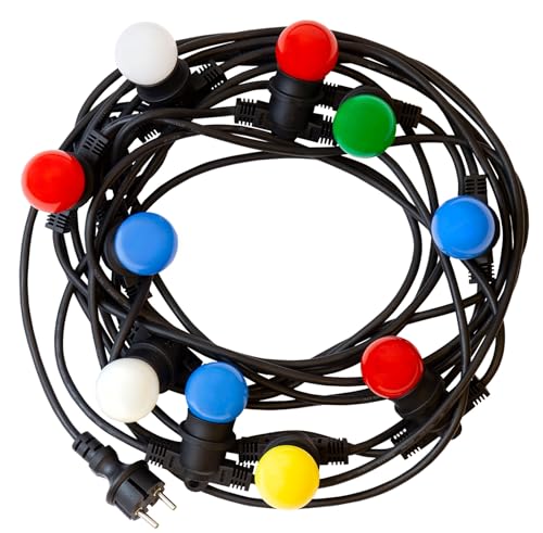 JungesLicht 5m LED Lichterkette mit 10x E27 bunten 1W LEDs IP44, Garten Lichterkette Außen Innen, schwarz, mit Stecker, 10x MIX Farben rot weiß grün blau gelb, für Terrasse Party Deko Biergarten von JungesLicht
