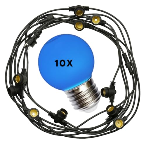5 Meter E27 LED Girlande mit 10 Lampen - ideal für Garten, Party & Deko - Lichterkette Außen & Innen - mit Stecker - Leuchtkette, Leuchtgirlande, Lichtkette, Festbeleuchtung, Biergarten (10x BLAU) von JungesLicht