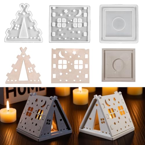 Junhui Silikonformen Gießformen Häuser, Silikonform Weihnachten, 3D Sterne und Mond-Zelt Kerzenhalter Silikonform, DIY Haus Gießform Haus Gips Zum Gießen Giessformen von Junhui