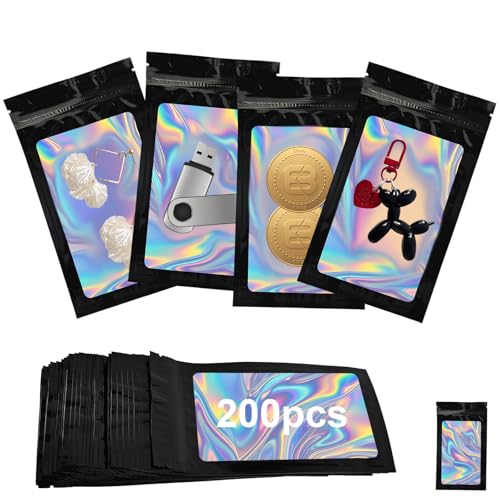 200 Stück Mylar bags Schwarz Wiederverschließbare Beutel, 9x16cm Zip Beutel, Druckverschlussbeutel mit Fenster für VLebensmittel, Schmuck, Proben, Kosmetik, Kräuter, Verpackung von Junrvivy