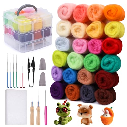 JUPEAN Nadelfilz-Set, Wollroving (5 g/Farbe), komplettes Nadelfilz-Starter-Set mit grundlegenden Filzwerkzeugen und Zubehör, Wollfasern, zum Spinnen, Basteln, Nassfilzmaterial für Anfänger von Jupean