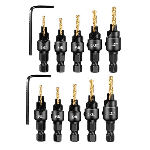 Juqoyue 2 Sets X 5 Stück Senkbohrer, Sechskantgriff, Stahllochöffner-Set, Holzkegelloch, Integrierter Bohrer, Gold von Juqoyue