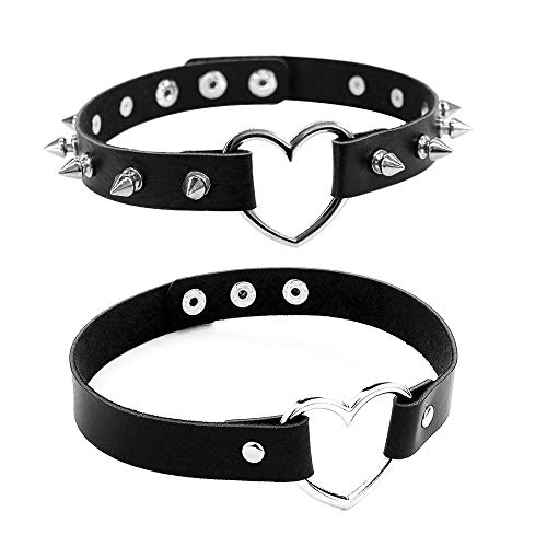 Jurxy 2 Stück Breit Lederhalsband Halskette Herz Form Damen Leder Choker Niet Halsband Gotik Punk Rock Lederband Einstellbar Kragen – Schwarz von Jurxy