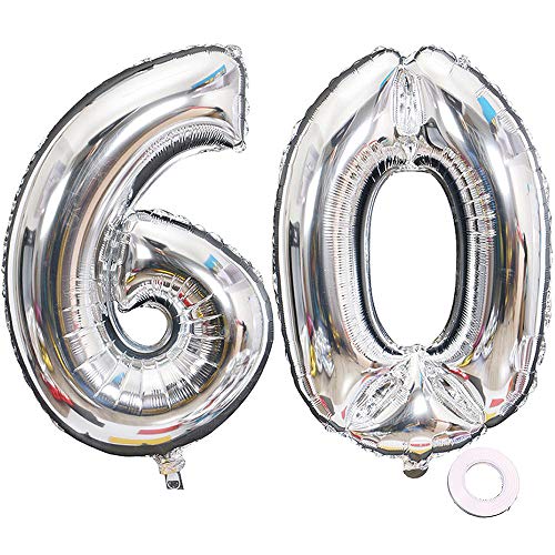 Jurxy Luftballon Zahl 60 Silber Geburtstag Folienballon Helium Folie Luftballons für Geburtstag Jubiläum 40 Zoll - Riesenzahlen #60 von Jurxy