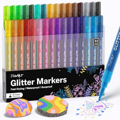 JusArt 32 Glitzerstifte 0,7 mm Metallic Marker Stifte Wasserfest Magische Stifte Ostern Geschenke Kinder Geschenke für Grußkarten, Bastelsachen Zeichnen,Scrapbook,DIY Fotoalbum von JusArt