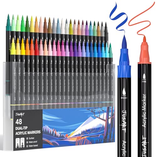 JusArt 48 Acrylstifte mit Doppelspitze, Pinsel und feine Spitze, Acrylic Marker Wasserfest, Premium-Farbstifte für Holz, Leinwand, Eier, Stein, Stoff, Felsen, Metall, Glas, Keramik, Basteln, Geschenke JusArt 48 Acrylstifte mit Doppelspitze, Pinsel und feine Spitze, Acrylic Marker Wasserfest, Premium-Farbstifte für Holz, Leinwand, Eier, Stein, Stoff, Felsen, Metall, Glas, Keramik, Basteln, Geschenke von JusArt