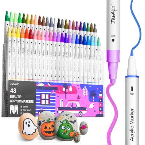 JusArt Acrylstifte für Steine Wasserfest 48 Farben Acryl Marker mit Punkt und Feinspitze für Steine Malerei, Keramik, Glas, Holz, Leinwand, Ostereier,Lebendiges Kunstzubehör für Kinder, Künstler JusArt Acrylstifte für Steine Wasserfest 48 Farben Acryl Marker mit Punkt und Feinspitze für Steine Malerei, Keramik, Glas, Holz, Leinwand, Ostereier,Lebendiges Kunstzubehör für Kinder, Künstler von JusArt