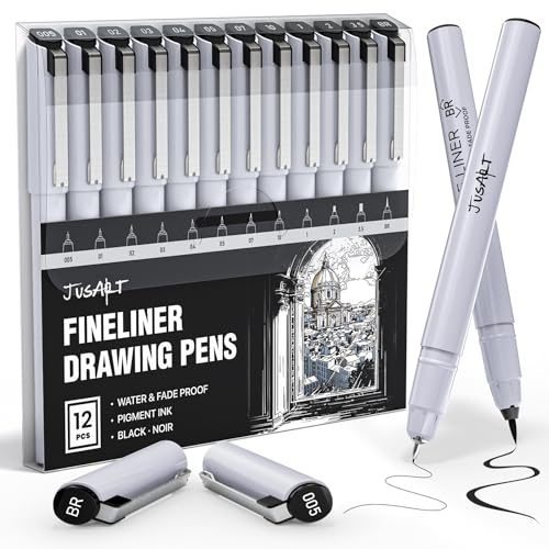 JustArt Fineliner Stifte, 12 Größen Spitzen, Fein, Pinsel & Meißel, wasserdichte schwarze Pigmenttinte Stifte für Künstler, Bastler, Illustration, Skizzieren, Schreiben, Journaling, Bibelnotizen und JustArt Fineliner Stifte, 12 Größen Spitzen, Fein, Pinsel & Meißel, wasserdichte schwarze Pigmenttinte Stifte für Künstler, Bastler, Illustration, Skizzieren, Schreiben, Journaling, Bibelnotizen und von JusArt