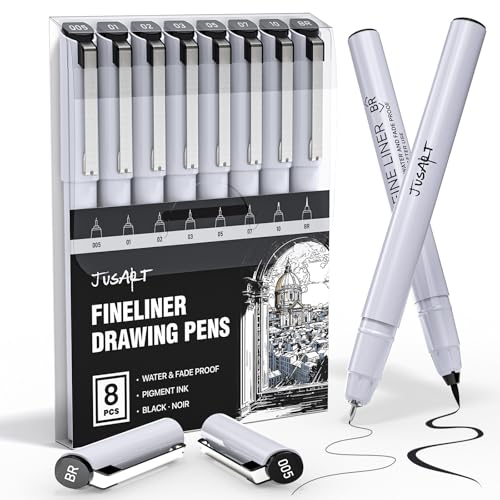 JustArt Fineliner Stifte, 8 Größen Spitzen, ultrafein, fein & Pinsel, wasserdichte schwarze Pigmenttinte Zeichenstifte für Illustration, Skizzieren, Schreiben, Journaling, Bibelnotizen und von JusArt