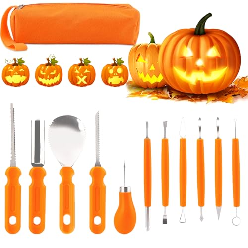 Jusduit Kürbis Schnitzset, 11 Stück Halloween Kürbis Schnitzwerkzeug,Edelstahl Kürbis Carving Set DIY Dekoration mit Tragetasche für Halloween Dekoration Erwachsene und Kinder von Jusduit