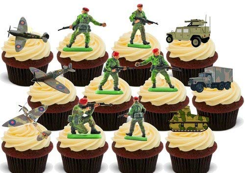 Armee Soldaten 12-12 essbare hochwertige stehende Waffeln Karte Kuchen Toppers Dekorationen, army soldiers 12-12 Edible Stand Up Premium Wafer Card Cake Toppers Decorations von Just Party Supplies