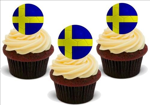 Fußball Schweden - 12 essbare hochwertige stehende Waffeln Karte Kuchen Toppers Dekorationen, Football Sweden - 12 Edible Stand Up Premium Wafer Card Cake Toppers Decorations von Just Party Supplies