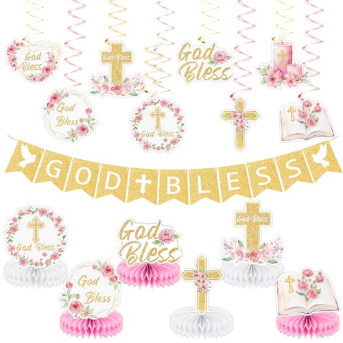 15 Stück Tauf-Party-Dekorationen, Gott Segen, Banner, Erstkommunion, hängende Wirbel, religiöse Taufe, Tischaufsätze, Wabenaufsätze für Babys, Mädchen, Gold, Rosa, Erstkommunion, Partyzubehör, 15 Stück Tauf-Party-Dekorationen, Gott Segen, Banner, Erstkommunion, hängende Wirbel, religiöse Taufe, Tischaufsätze, Wabenaufsätze für Babys, Mädchen, Gold, Rosa, Erstkommunion, Partyzubehör, von Justforjoyful