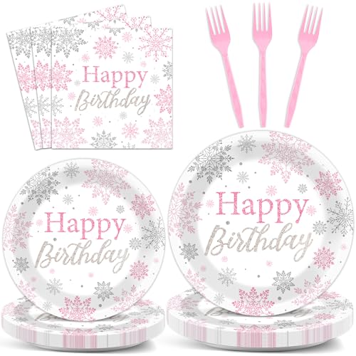 96 Stück Winter Geburtstag Party Dekorationen Schneeflocke Pappteller und Servietten Winter Wonderland Babyparty Dekoration Silber Rosa Weiß Weihnachten Party Supplies Einweg-Schneeflocken Geschirr von Justforjoyful