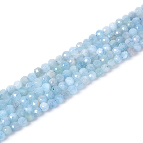 Natürlicher Aquamarin, 4 mm, facettierte, runde Perlen, lose Perlen, 40,6 cm, für Schmuckherstellung von Justinstones