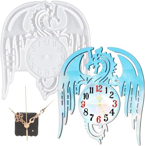 Harzform, arabische Ziffern, personalisierbar, Drache, große Uhr, Gießharz-Formen mit Uhrzubehör, Epoxidharz-Formen für Bastelarbeiten, Wandbehang, Ornamente, Heimdekoration (weiß) von Justup