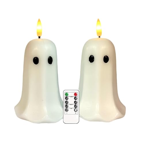 Justup Flammenlose LED-Kerzen, 2er Set LED Halloween Geister Kerzen-Batteriebetrieben, Elektrische Kerzenlampe für Herbst Halloween Dekor Party (Weiß) von Justup