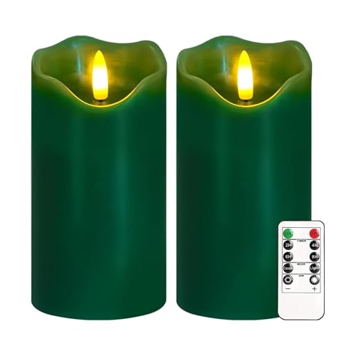 Justup Flammenlose LED-Kerzen, Set von 2 Flackernde LED Kerzen mit Fernbedienung und Timer, Dimmbare Säulen Kerzen Batterie betrieben, Grüne Kerzen für Home Weihnachtsdekoration (Grün) von Justup