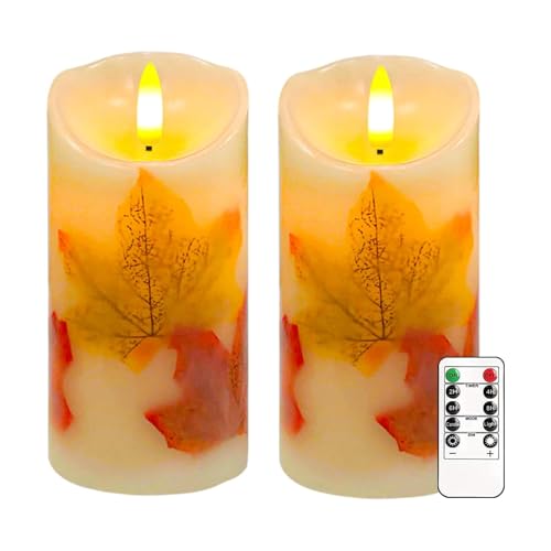 Justup Flammenlose LED-Kerzen, Set von 2 Flackernde LED Kerzen mit Fernbedienung und Timer, Dimmbare Säulen Kerzen Batterie betrieben, Kerzen für Herbst Halloween Thanksgiving Dekor (Ahornblatt) von Justup