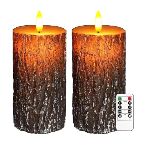 Justup Flammenlose LED-Kerzen, Set von 2 Flackernde LED Kerzen mit Fernbedienung und Timer, Dimmbare Säulen Kerzen Batterie betrieben, Echtes Wachs Kerze für Weihnachten Winter Heimdekor (Rinde) von Justup