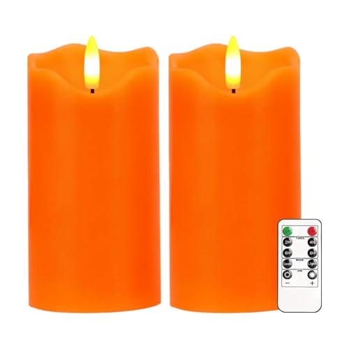 Justup Flammenlose LED-Kerzen, Set von 2 Flackernde LED Kerzen mit Fernbedienung und Timer, Dimmbare Säulen Kerzen Batterie betrieben, Orange Kerzen für Herbst Halloween Thanksgiving Dekor (Orange) von Justup