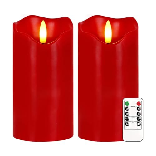 Justup Flammenlose LED-Kerzen, Set von 2 Flackernde LED Kerzen mit Fernbedienung und Timer, Dimmbare Säulen Kerzen Batterie betrieben, Rote Kerzen für Home Winter Christmas Dekor (Rot) von Justup