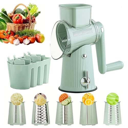 Justup Käsereibe mit Kurbel, 5 in 1 Rotierender Käsereibe mit 5 Gruppe Edelstahl Klingen und Klingenlagerbox, Gemüseschneider Ideal für Käse, Gurken, Karotten, Nüsse usw. (Grün) von Justup